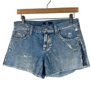 7 For All Mankind Y2K Low Rise Metallic Silver Denim Shorts